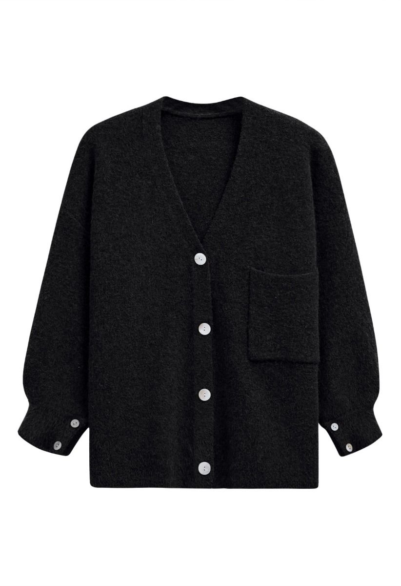 Relaxed Patch-Pocket Button Down Cardigan in Black