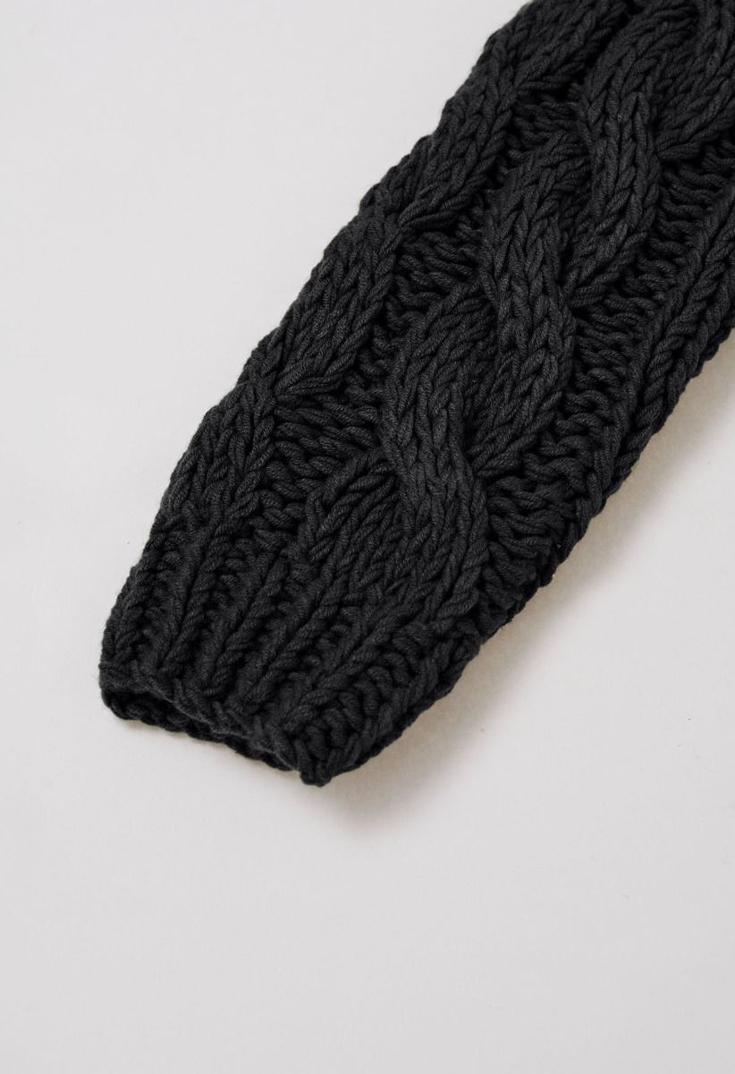 Collared V-Neck Chunky Cable-Knit Sweater in Black