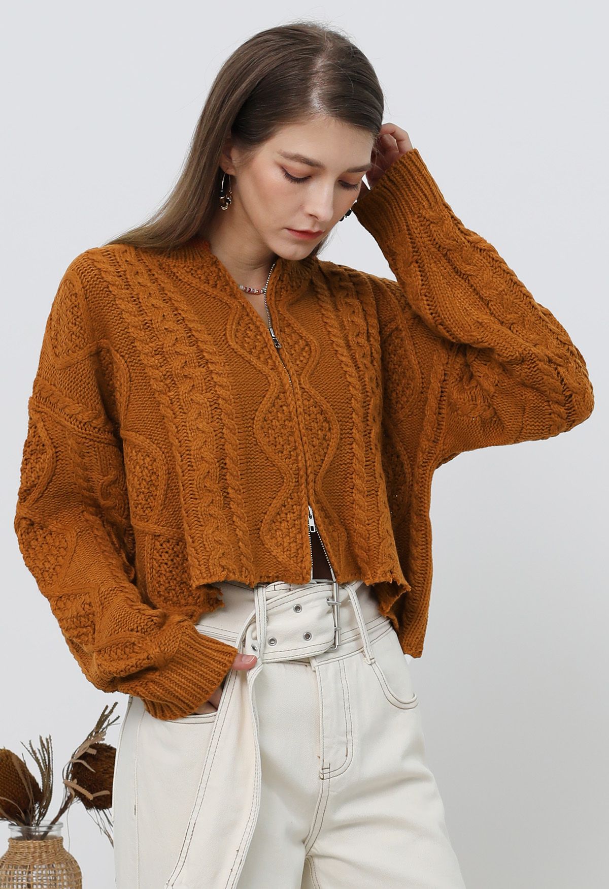 Raw Edge Cable Knit Zipper Crop Cardigan in Pumpkin