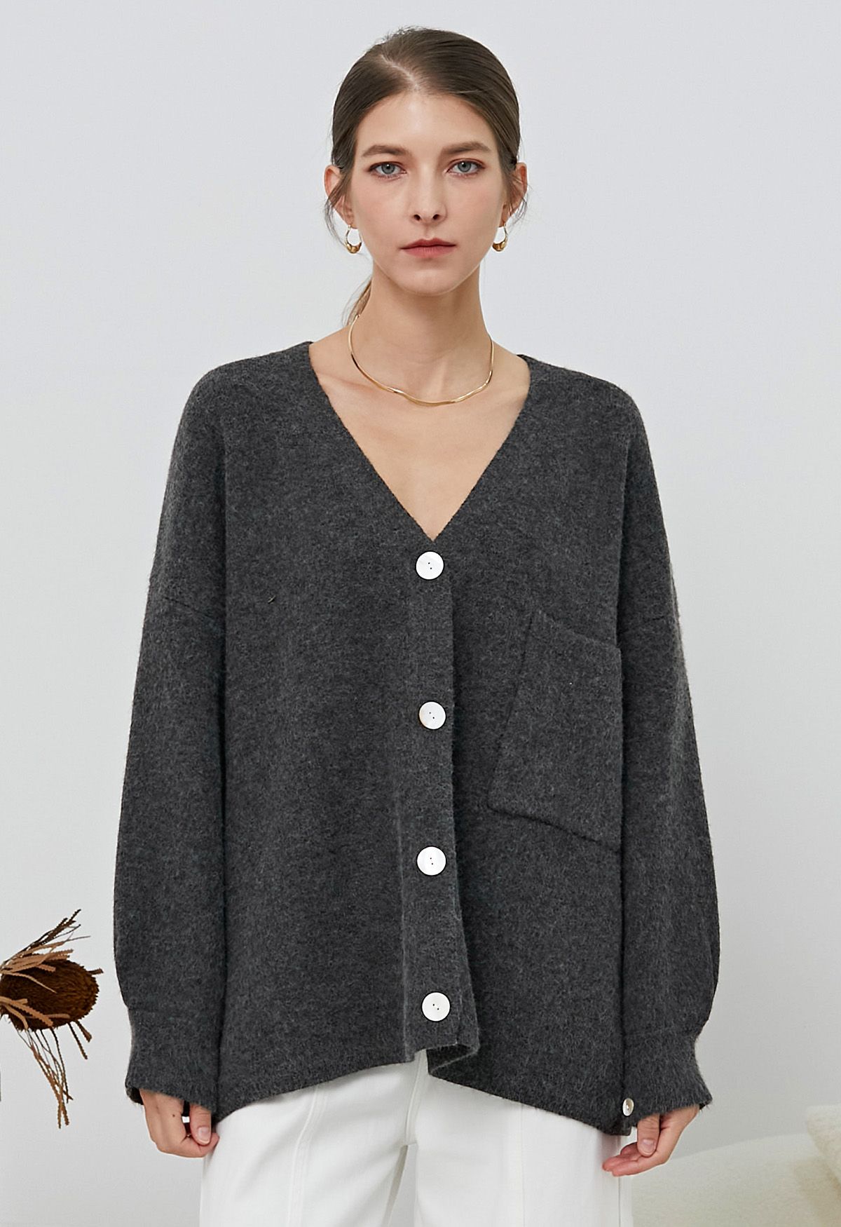 Relaxed Patch-Pocket Button Down Cardigan in Smoke