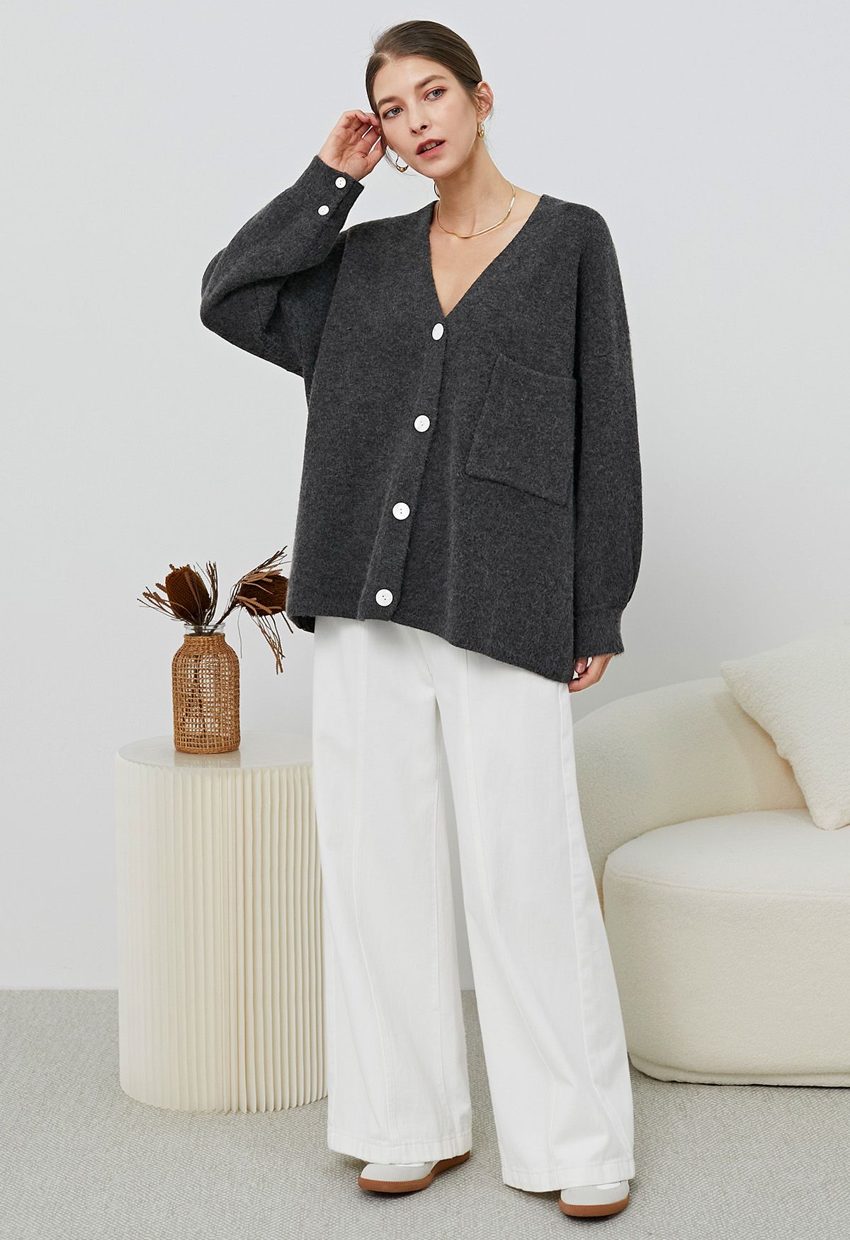 Relaxed Patch-Pocket Button Down Cardigan in Smoke