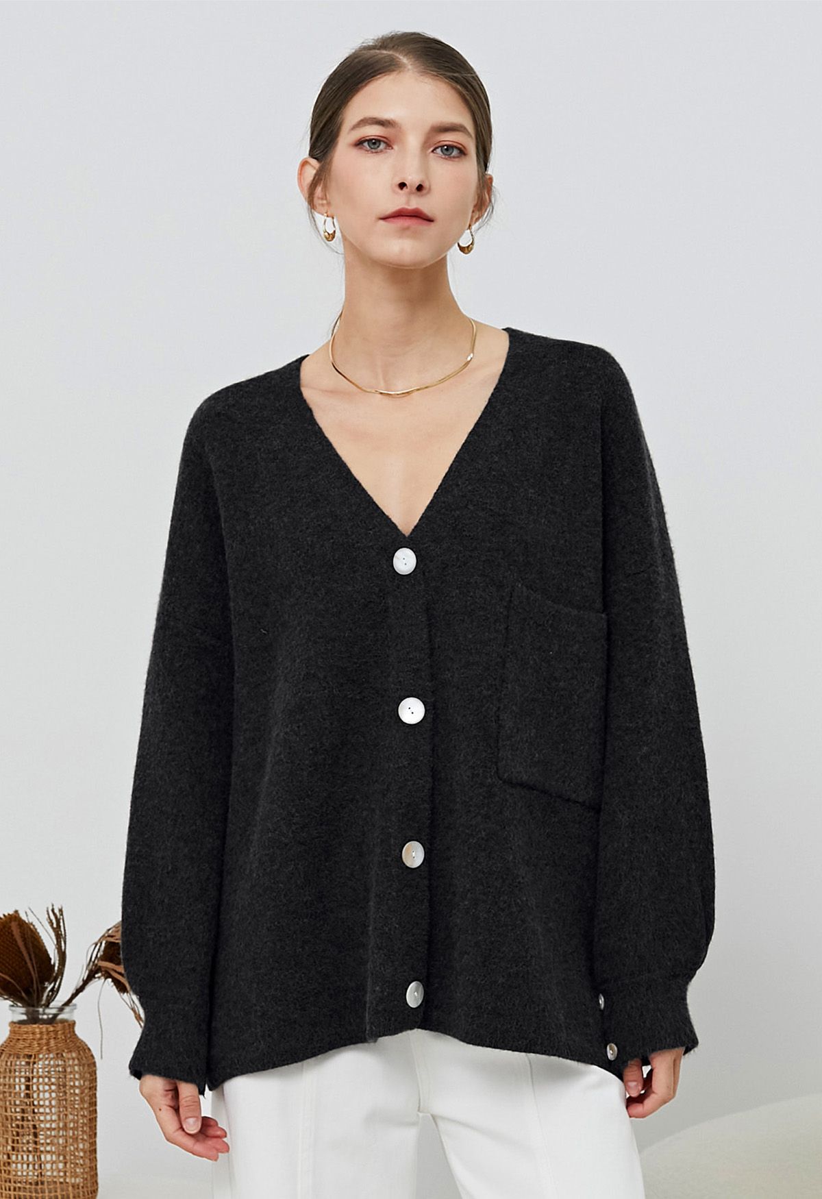 Relaxed Patch-Pocket Button Down Cardigan in Black