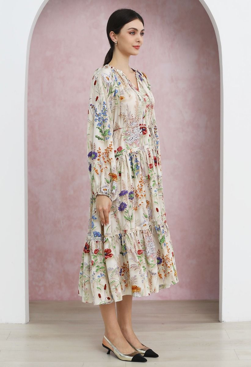 Wildflower Dream Puff Sleeve Tie String Chiffon Midi Dress