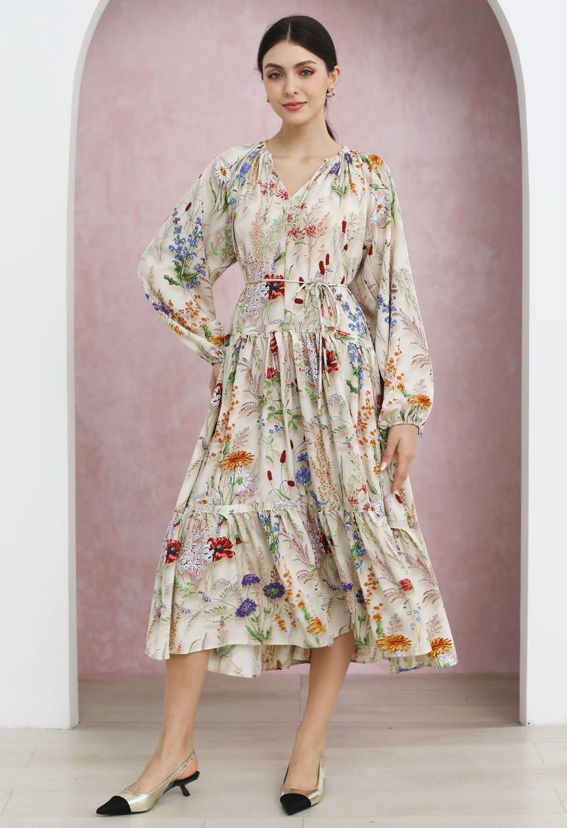 Wildflower Dream Puff Sleeve Tie String Chiffon Midi Dress