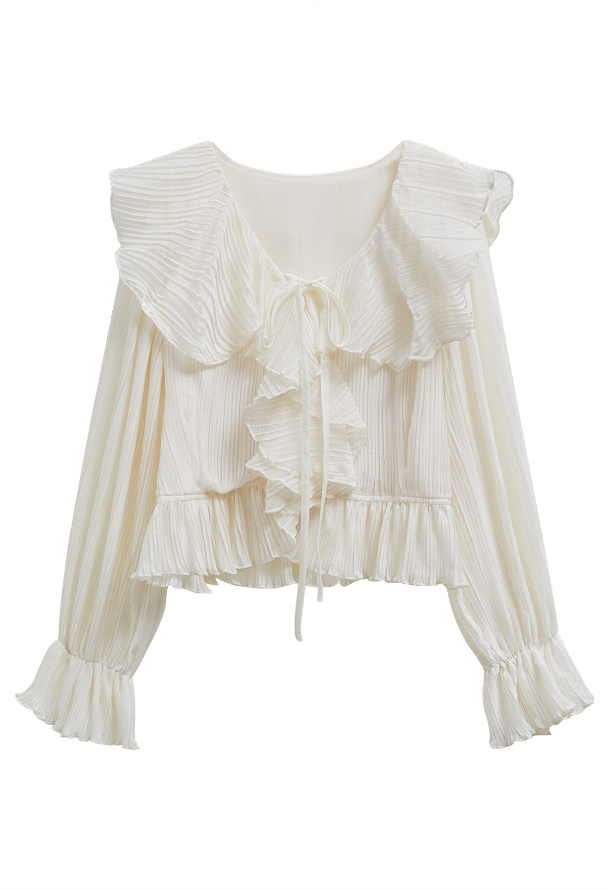 Dancing Ruffle Plisse Buttoned Cropped Top in White