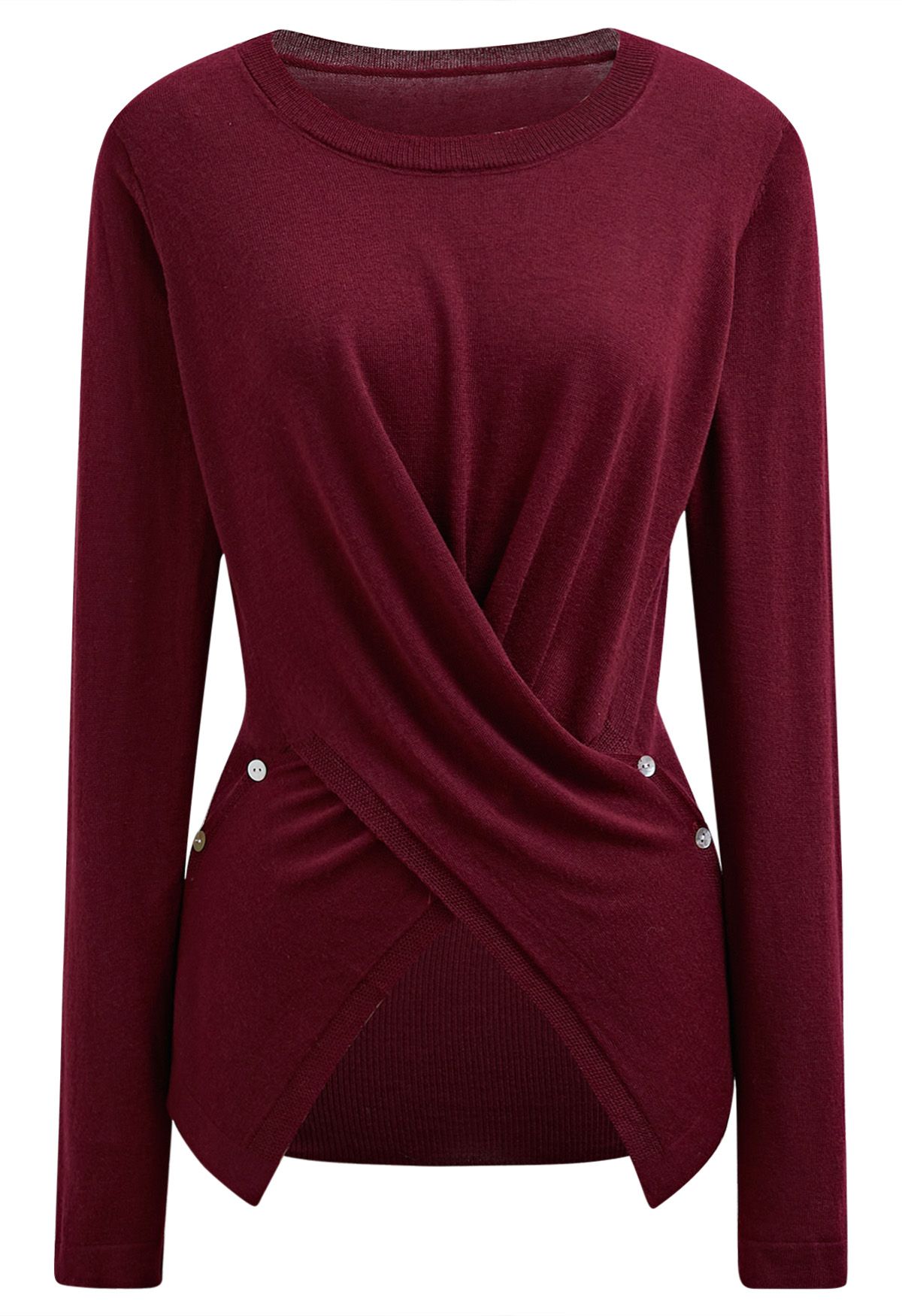 Fascinating Crisscross Buttoned Knit Top in Burgundy