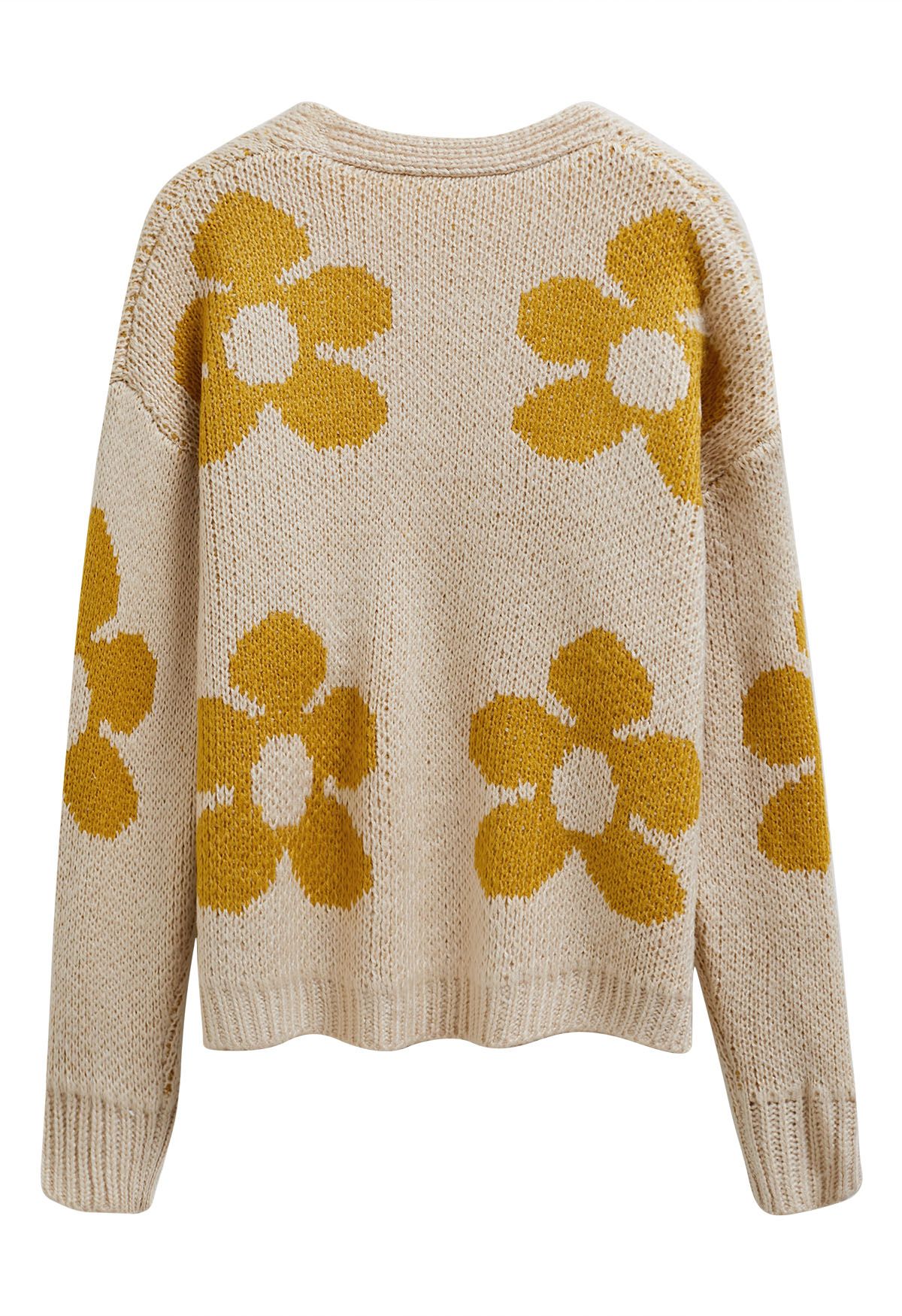 Grand Floral Open Front Knit Cardigan in Light Yellow