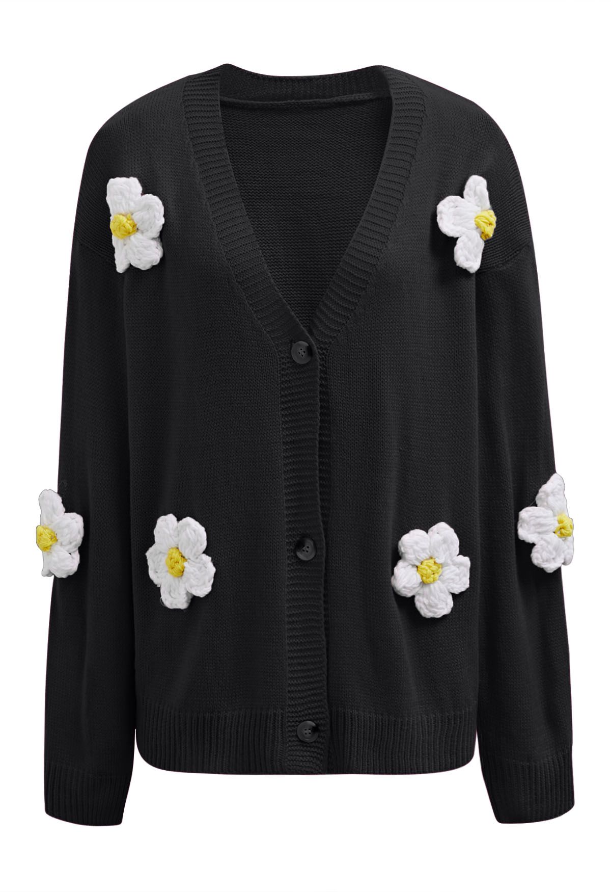 Lovely 3D Flower Buttoned Knit Cardigan in Black