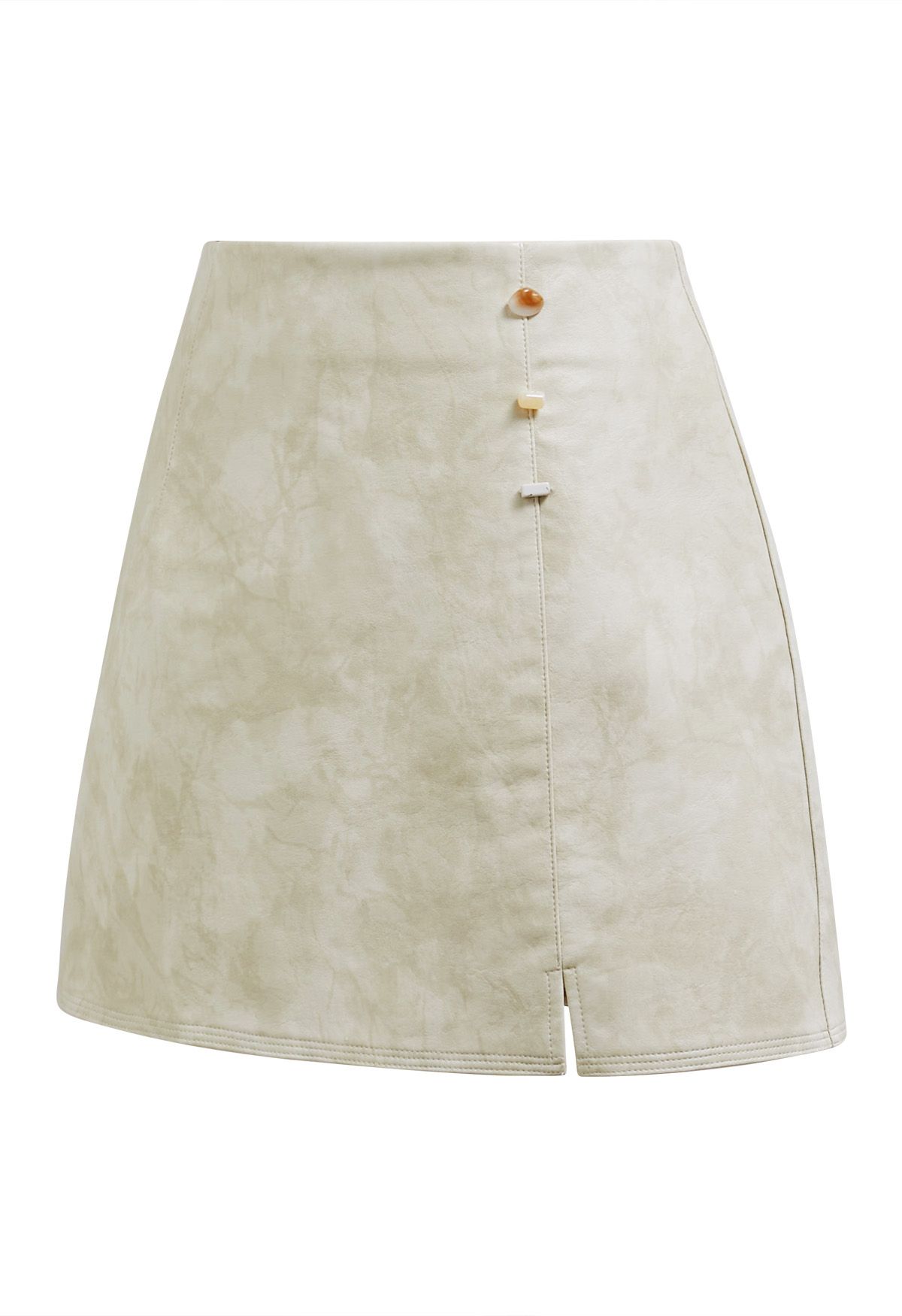 Marble Beads Decor Faux Leather Mini Skirt in Ivory