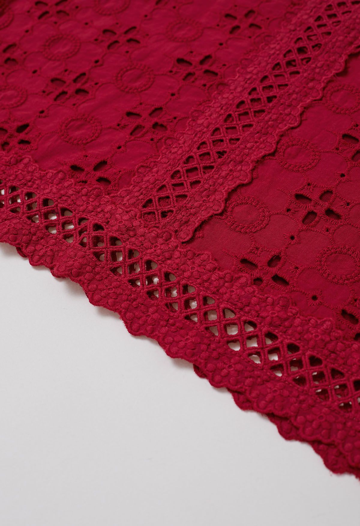 Intricate Petals Eyelet Embroidery Cotton Top in Red