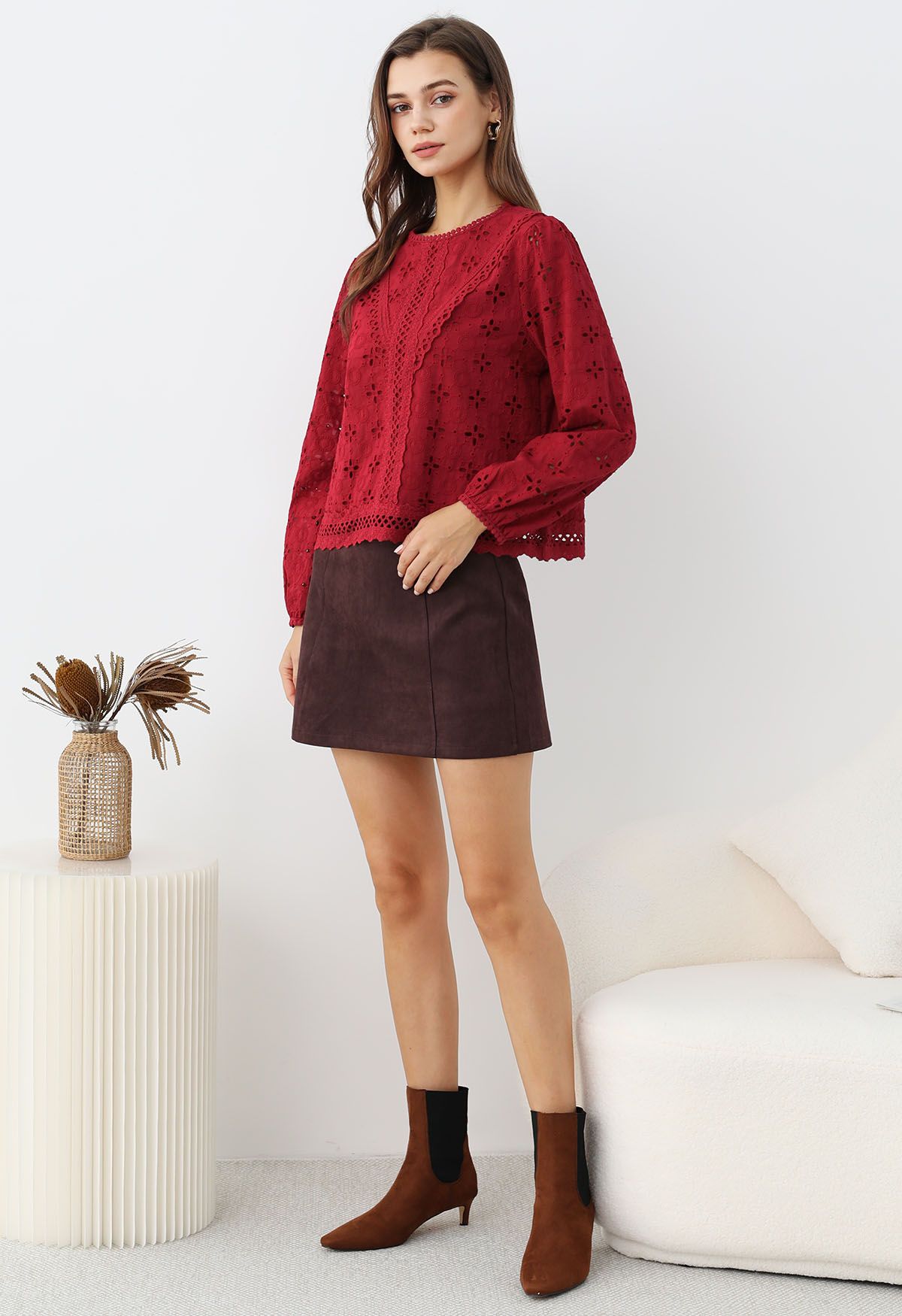 Retro Chic Faux Suede Mini Skirt in Burgundy