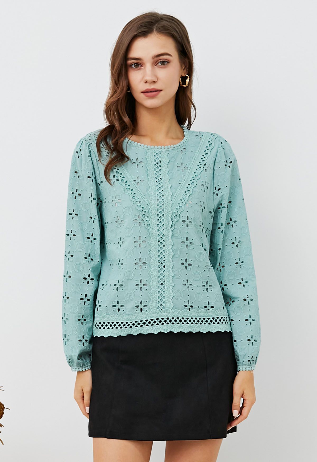 Intricate Petals Eyelet Embroidery Cotton Top in Turquoise