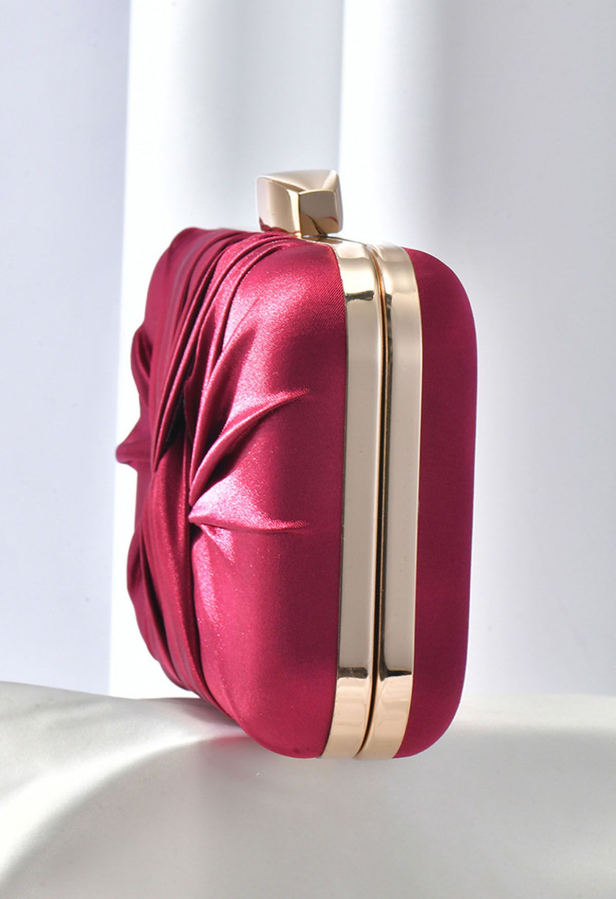 Ruched Knotted Satin Clutch in Burgundy