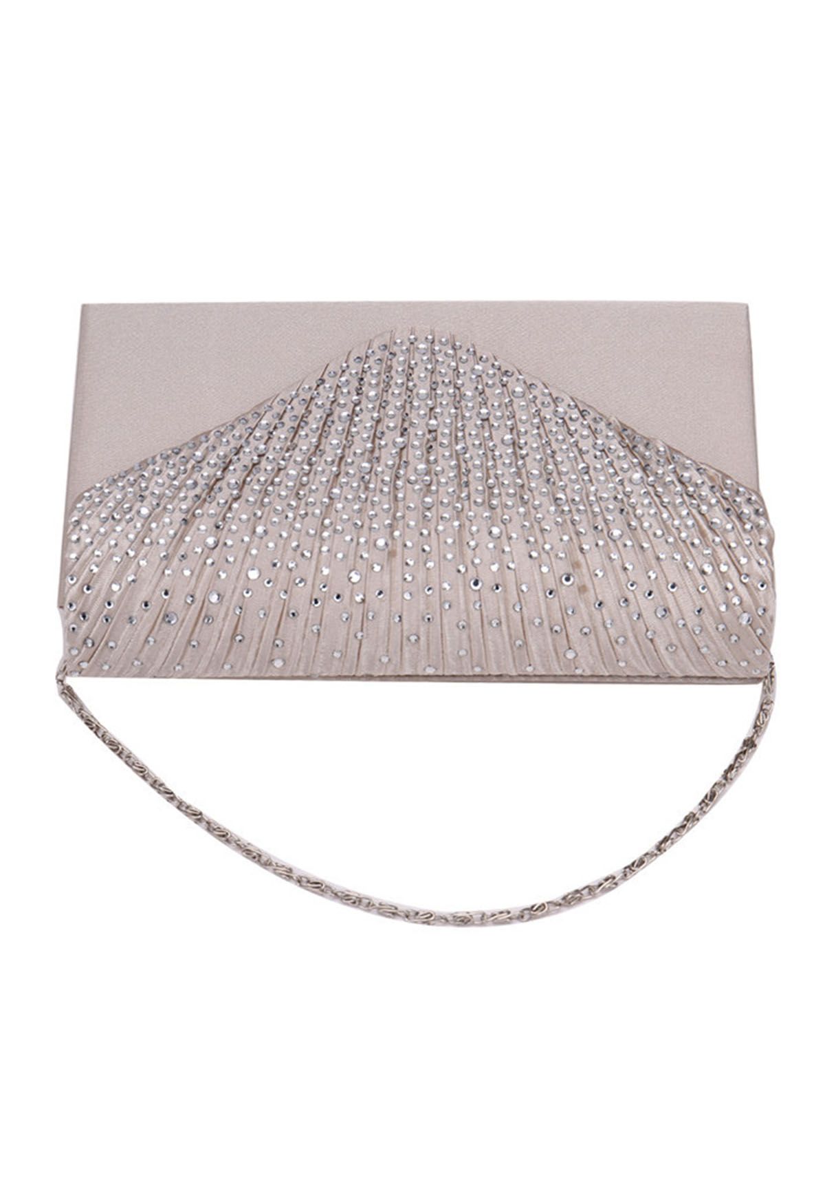 Rhinestone Embellished Satin Envelope Bag in Apricot