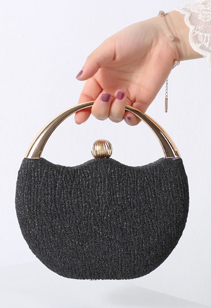 Elegance Round Handle PU Leather Clutch in Black