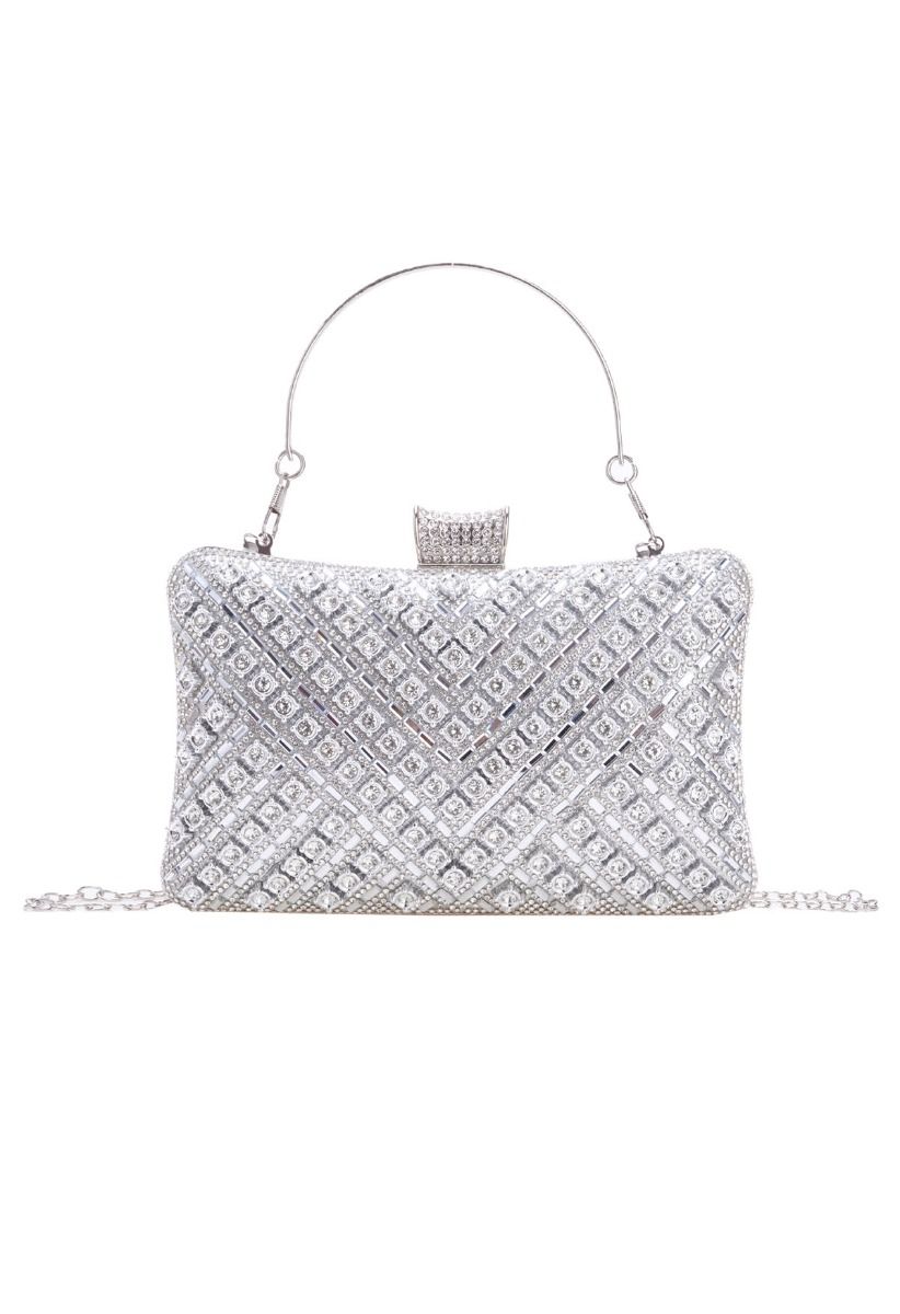 Fancy Rhinestone Overlay Clutch in Silver