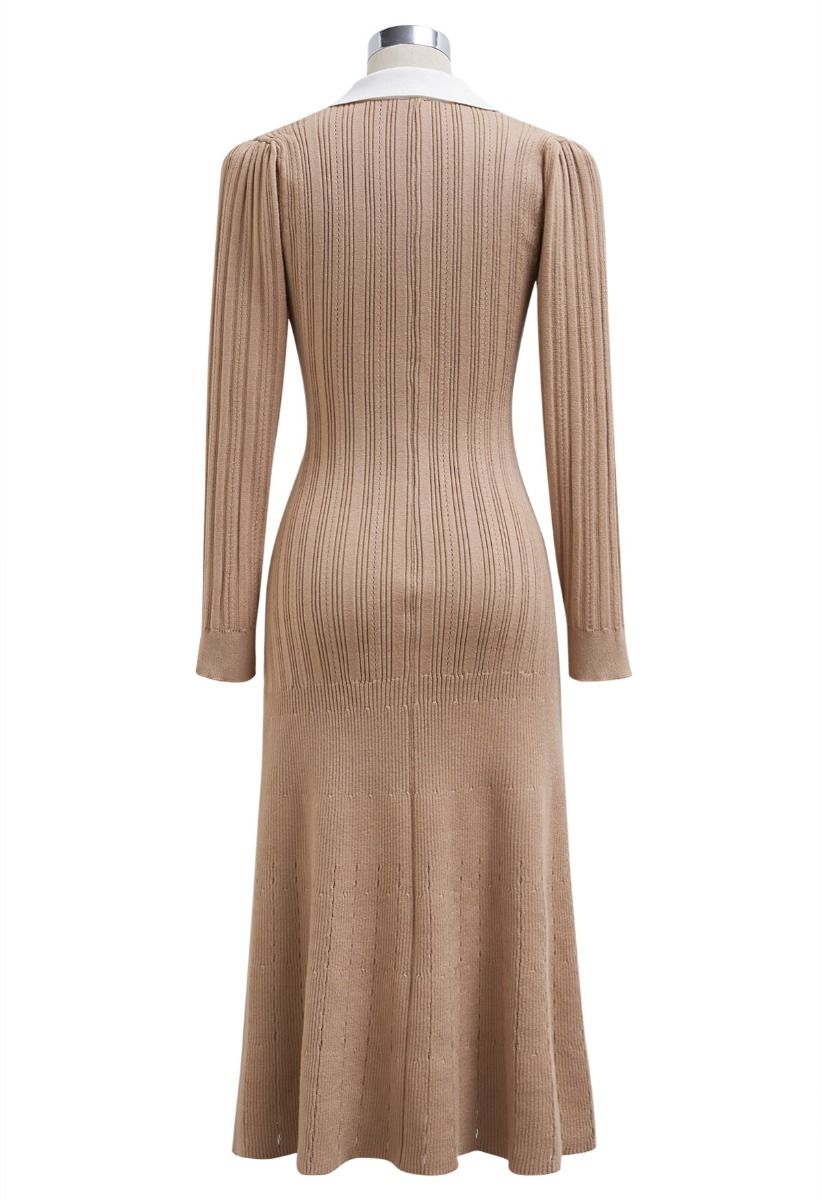 Attractive Stud Button V-Neck Collared Midi Dress in Tan