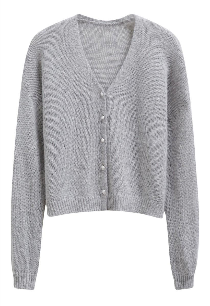 Solid Color Pearly Button Knit Cardigan in Grey