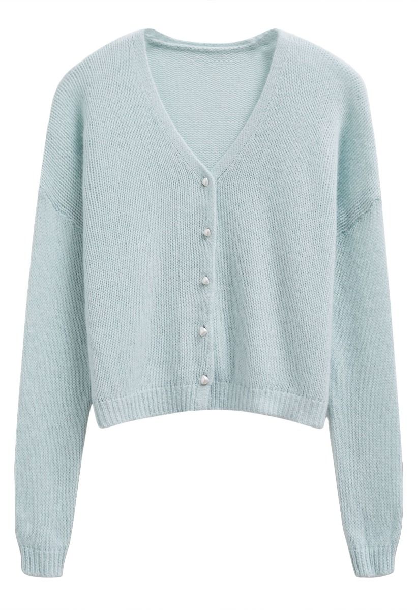 Solid Color Pearly Button Knit Cardigan in Mint