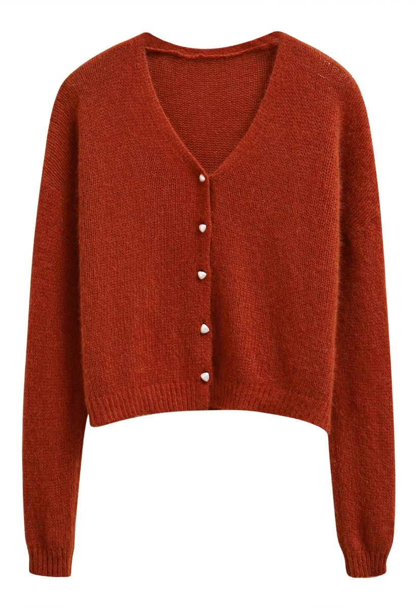 Solid Color Pearly Button Knit Cardigan in Red