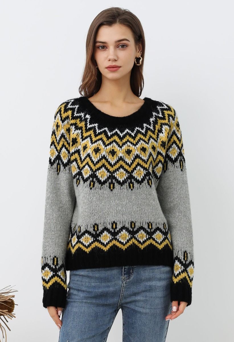 Nordic Charm Fair Isle Knit Sweater in Grey