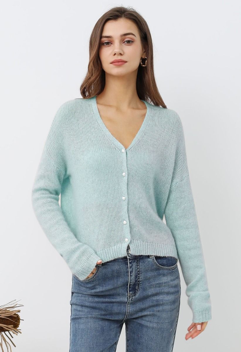 Solid Color Pearly Button Knit Cardigan in Mint