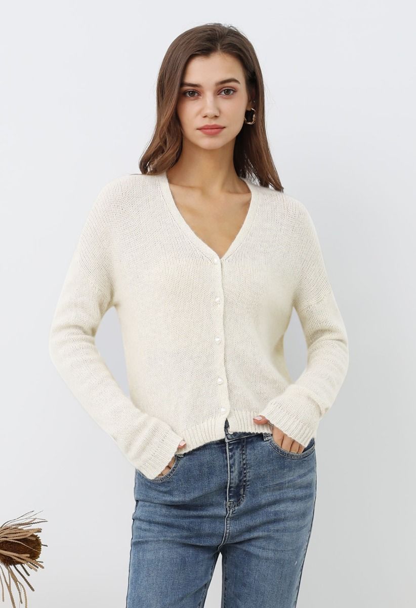 Solid Color Pearly Button Knit Cardigan in Cream