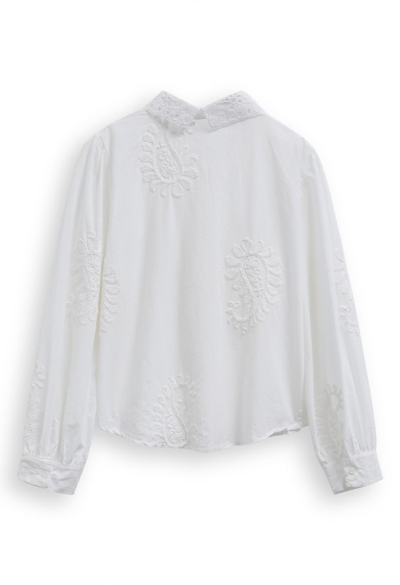 Paisley-Inspired Floral Embroidery Button-Up Shirt in White