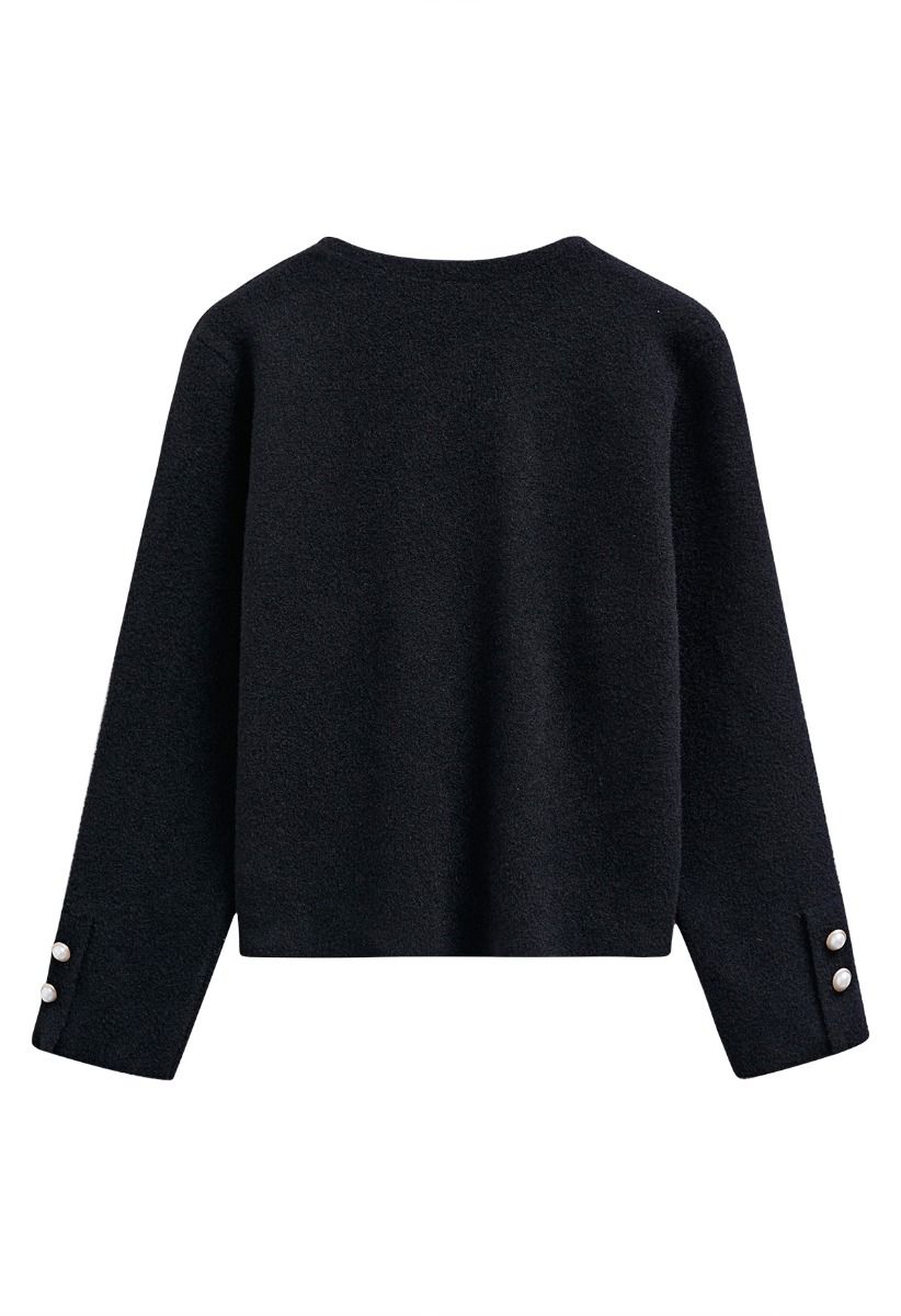 Sweetly Patch Pocket Pearly Button Knit Cardigan in Black