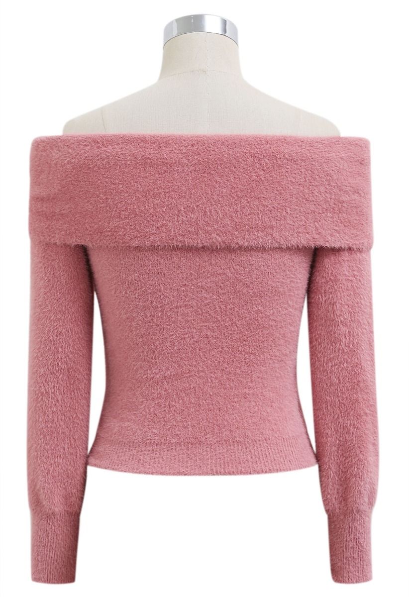 Crisscross Front Off-Shoulder Fuzzy Knit Top in Pink