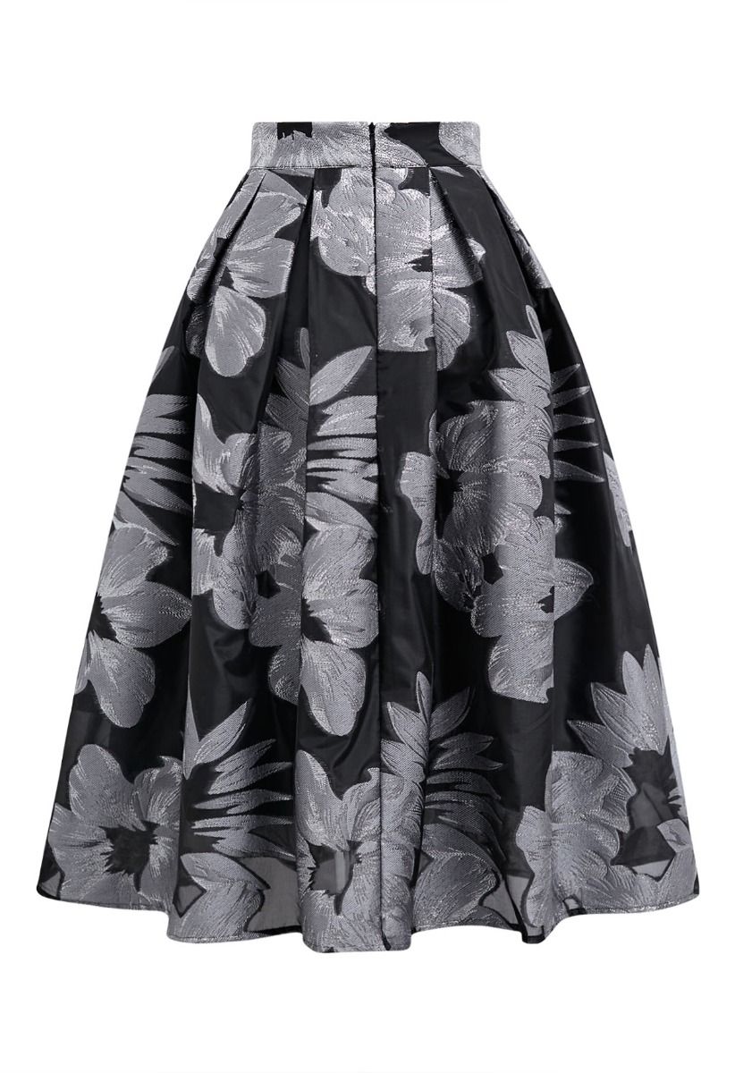 Enticing Floral Jacquard Pleated Organza Midi Skirt in Silver