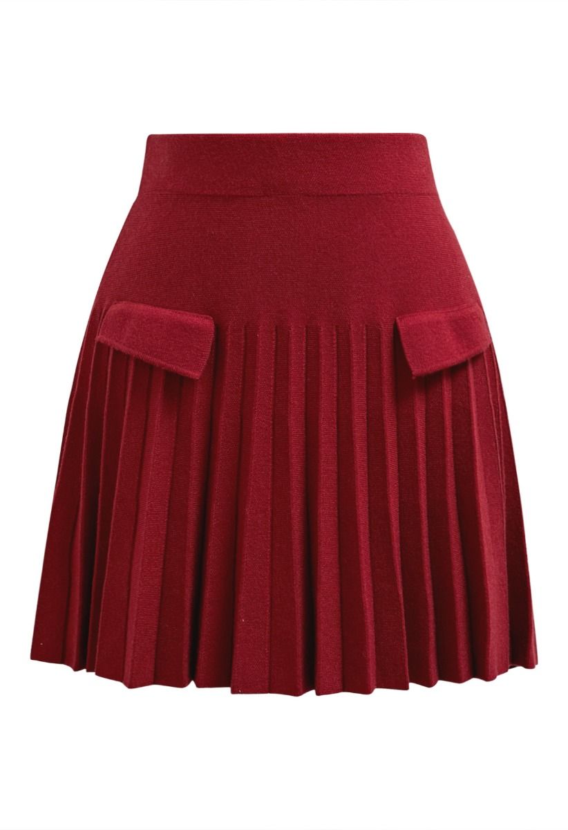 Decorative Pocket Pleated Knit Mini Skirt in Red