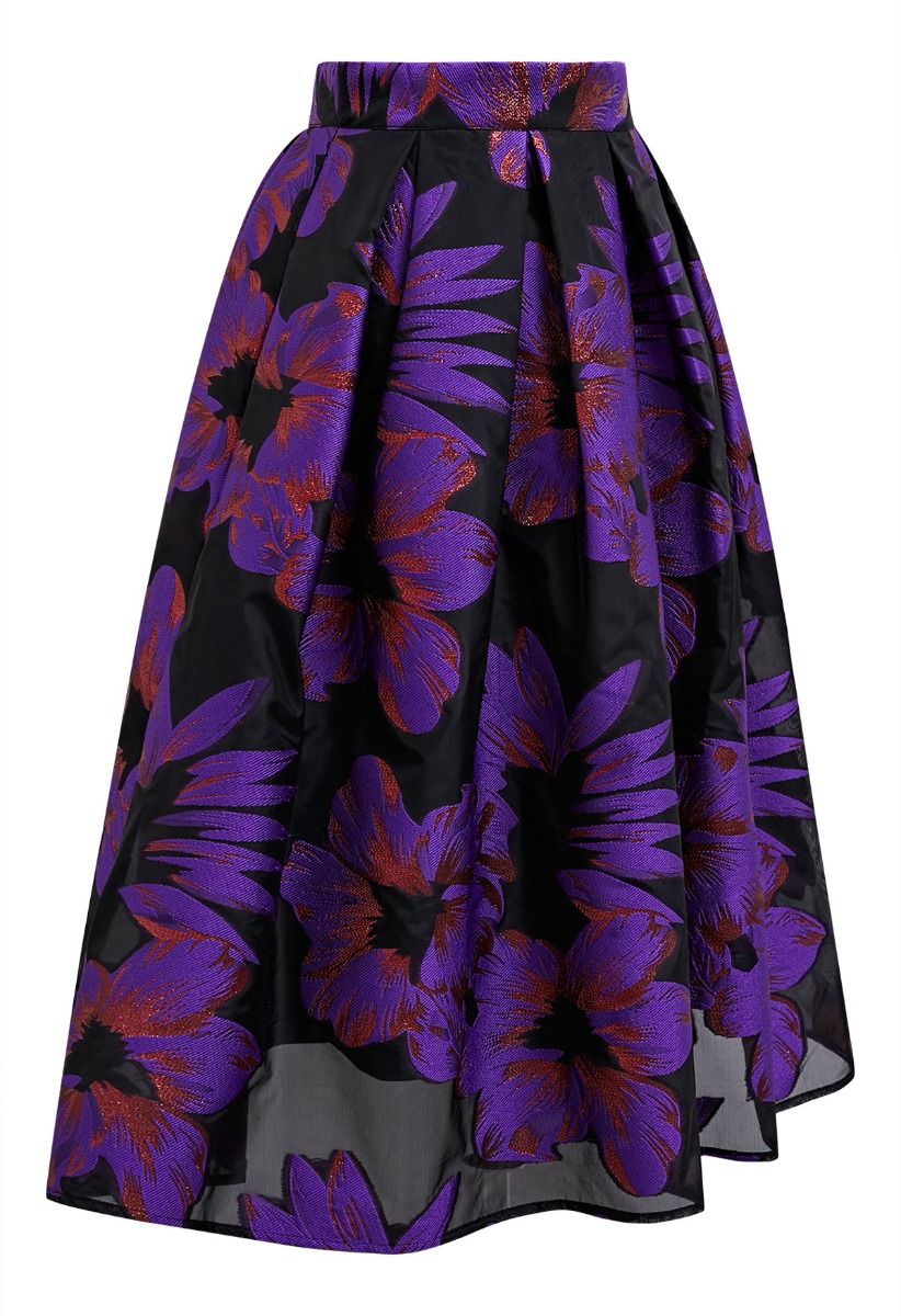 Enticing Floral Jacquard Pleated Organza Midi Skirt in Purple