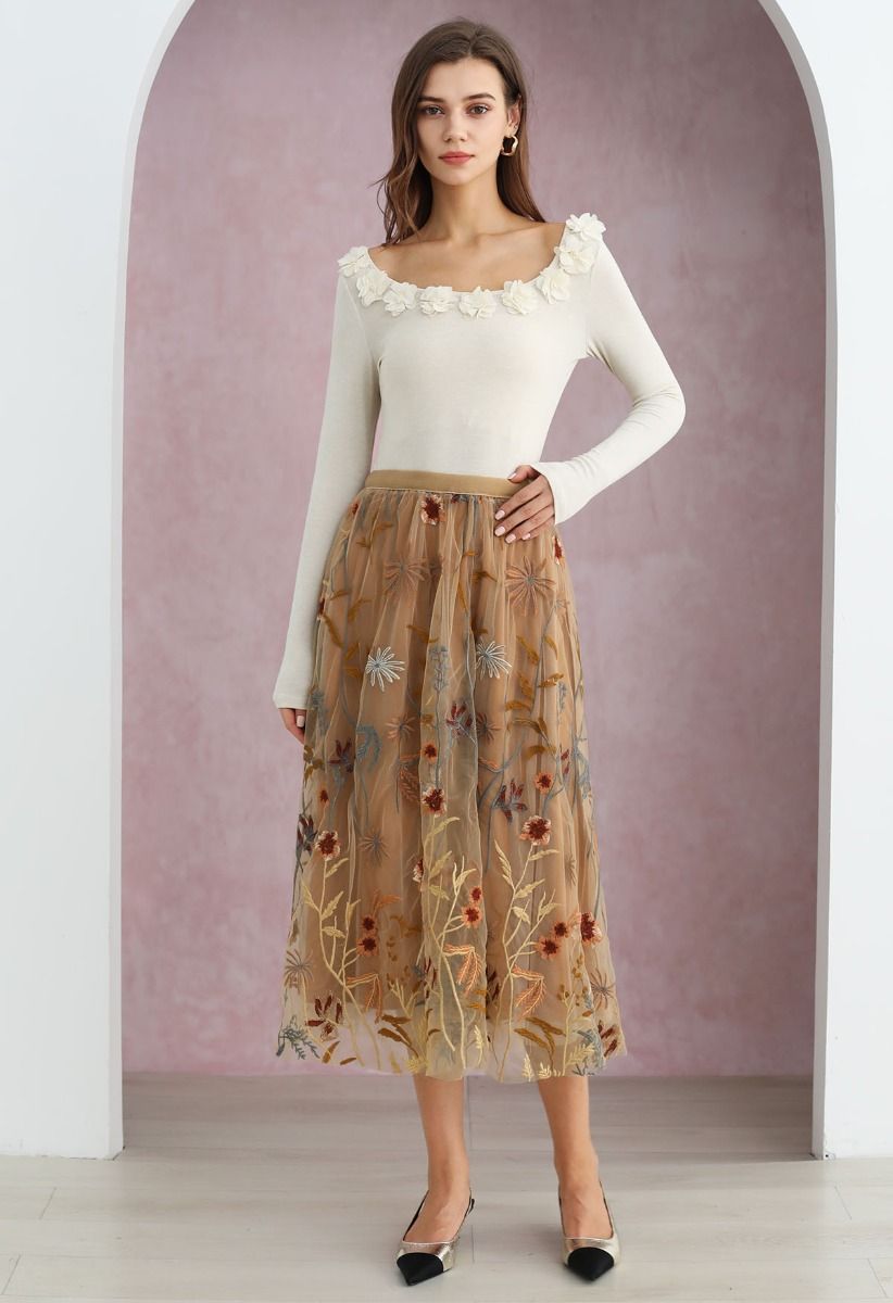 Whimsical Flowers Embroidered Mesh Tulle Midi Skirt in Camel