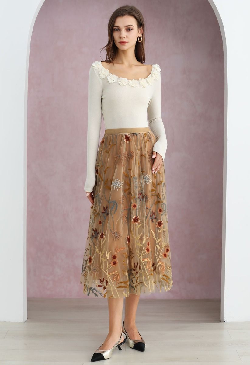 Whimsical Flowers Embroidered Mesh Tulle Midi Skirt in Camel