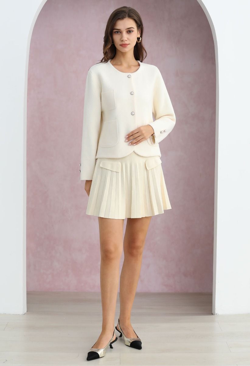 Decorative Pocket Pleated Knit Mini Skirt in Cream