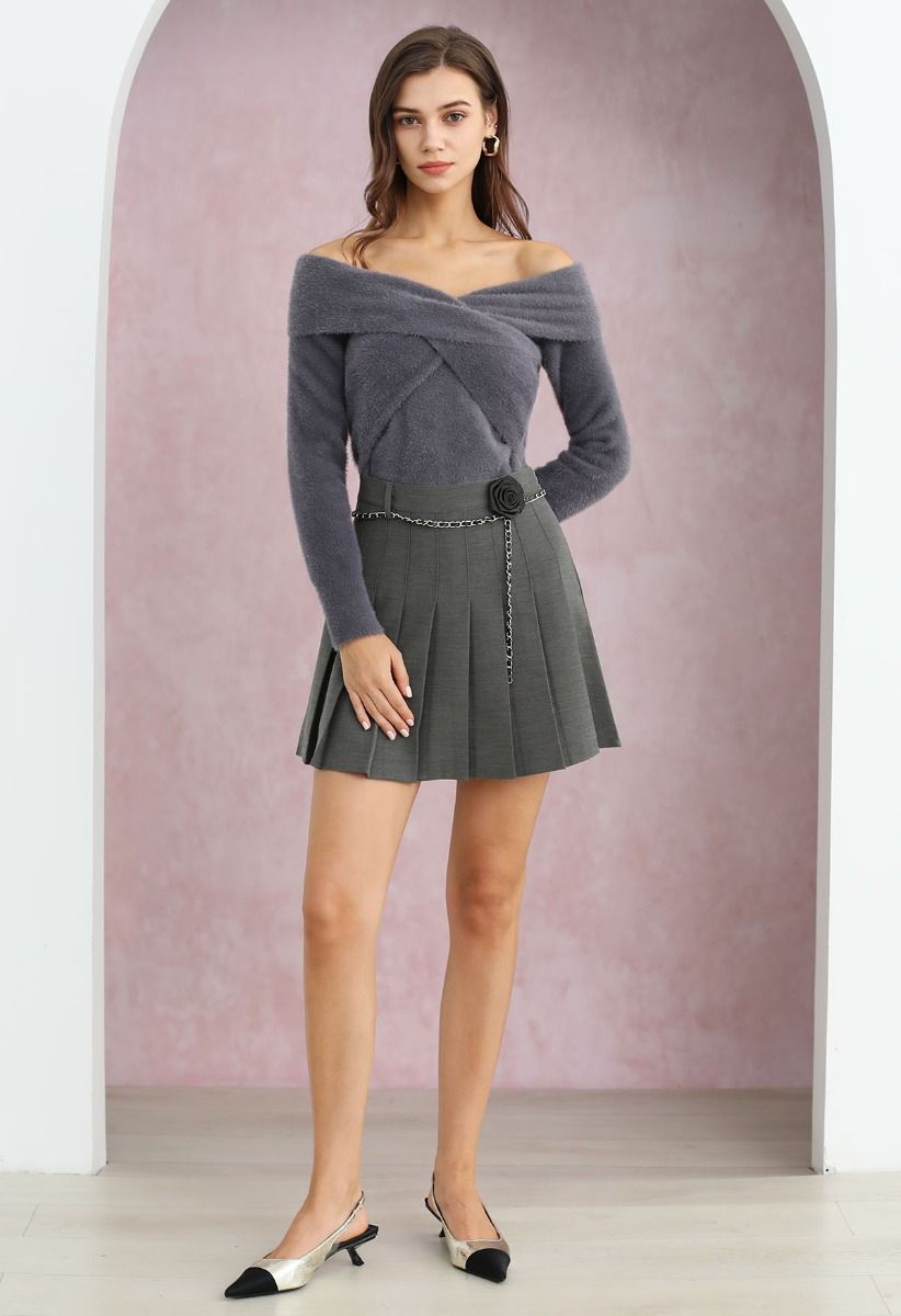 Crisscross Front Off-Shoulder Fuzzy Knit Top in Smoke