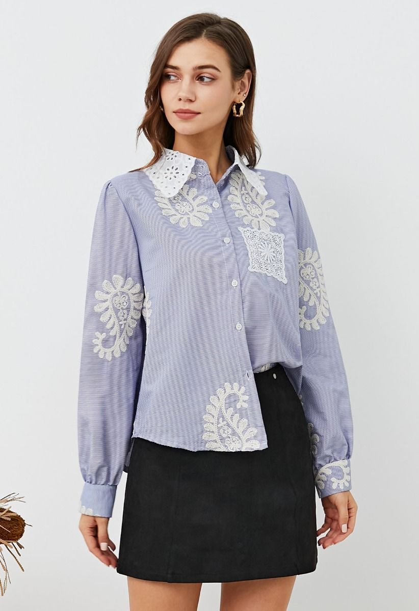 Paisley-Inspired Floral Embroidery Button-Up Shirt in Blue