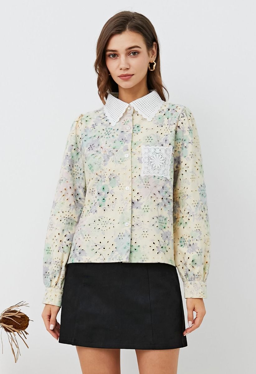 Rose Printed Eyelet Embroidered Patch Pocket Denim Shirt