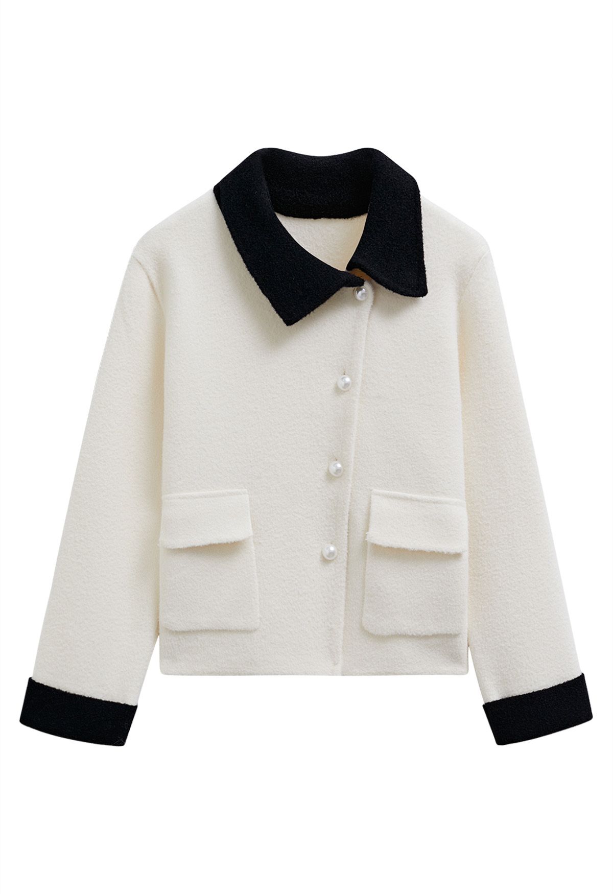 Contrasting Trim Flap Pocket Buttoned Knit Coat in White