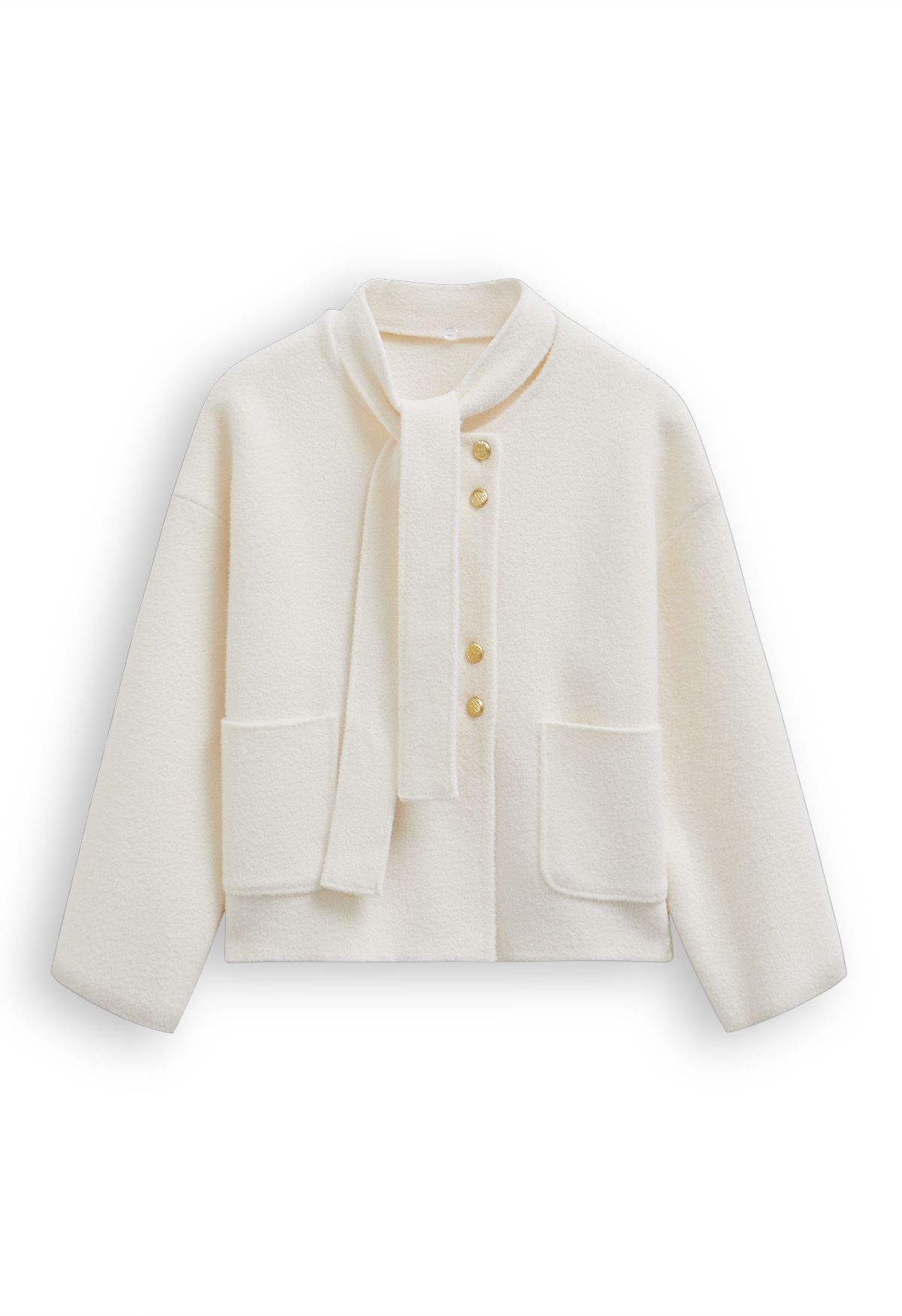 Detachable Tie-Neck Golden Button Knit Coat in Cream