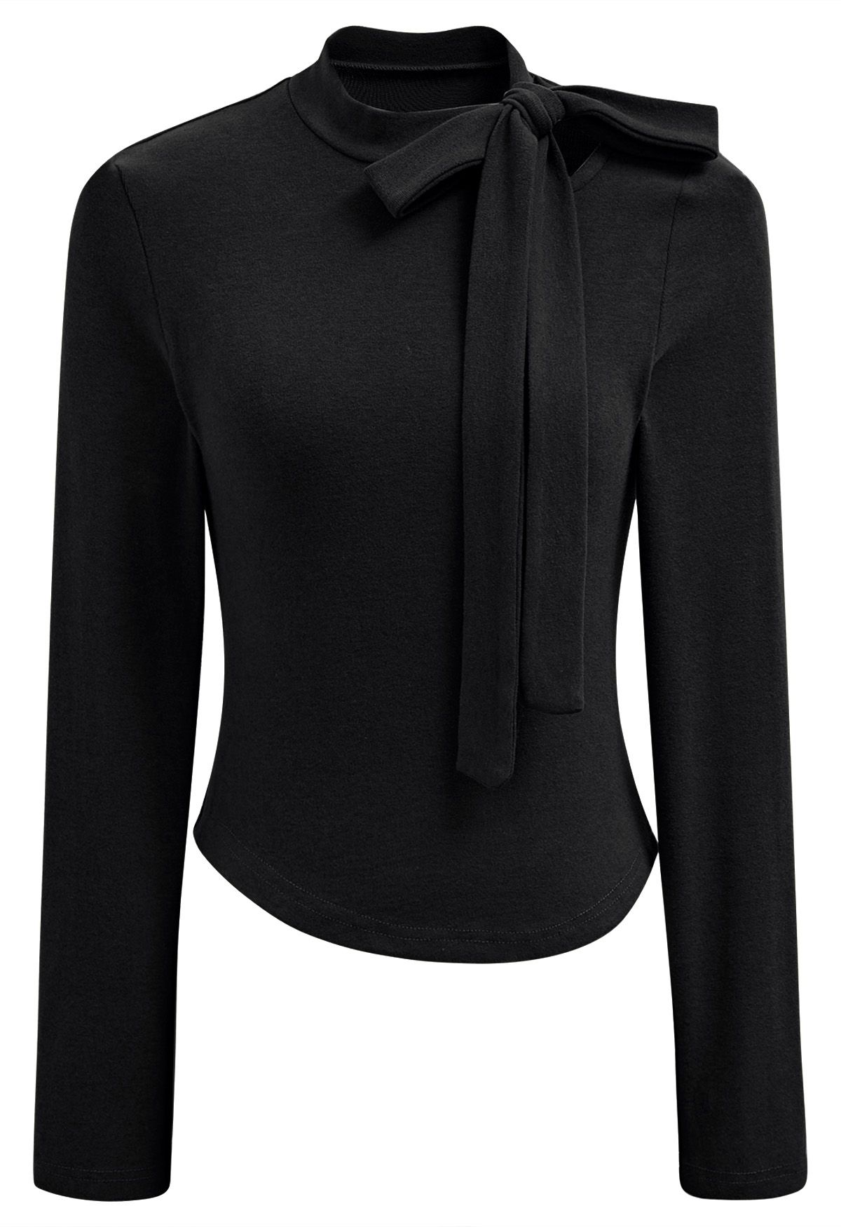 Side Bowknot Neckline Long-Sleeve Top in Black