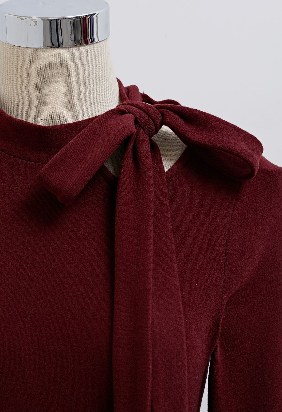 Side Bowknot Neckline Long-Sleeve Top in Burgundy