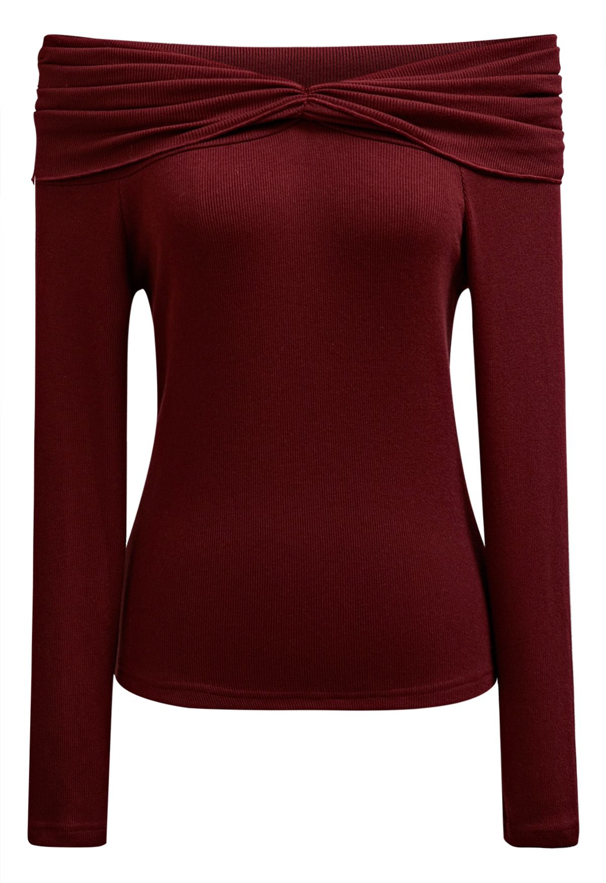 Ruched Fold Neckline Long Sleeve Off-Shoulder Top in Red