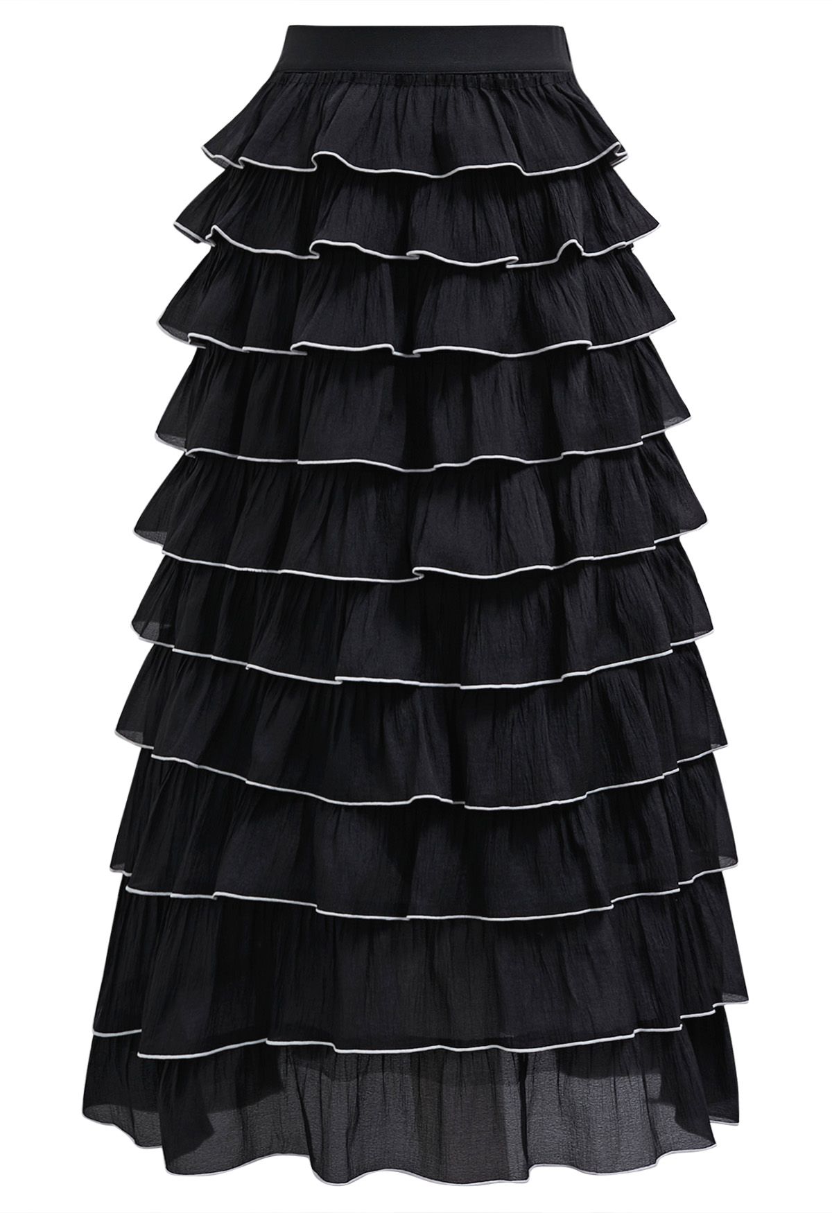 Contrasting Edges Tiered Ruffle Maxi Skirt in Black