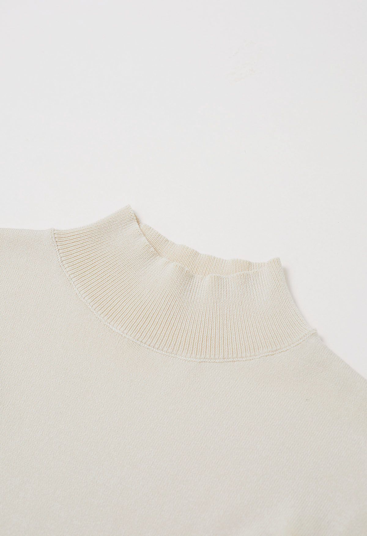 Mock Neck Embroidered Lantern Sleeve Knit Top in Cream