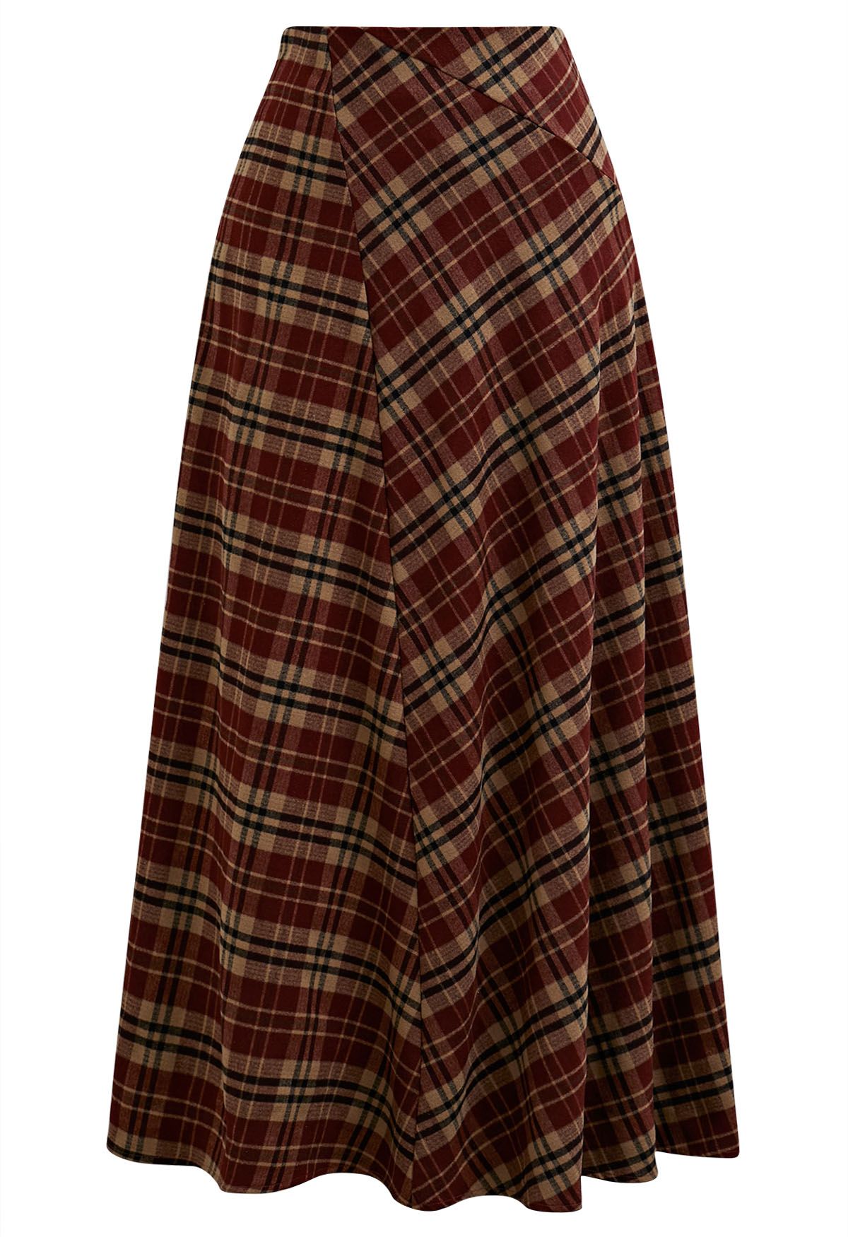 Plaid Lovely Irregular Fake Flap Maxi Skirt in Burgundy