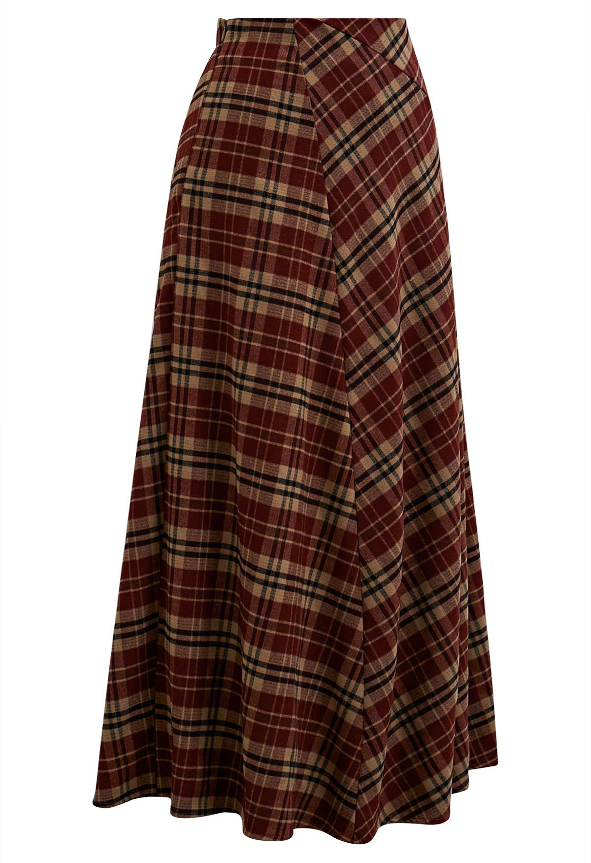 Plaid Lovely Irregular Fake Flap Maxi Skirt in Burgundy