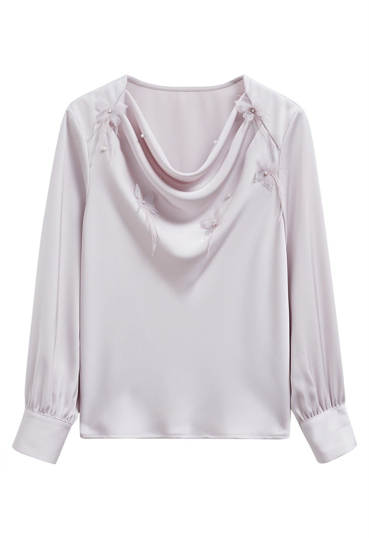 Pearly Butterfly Feather Trim Cowl Neck Top in Light Pink