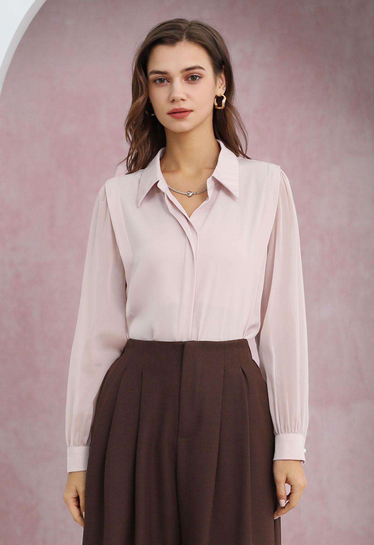 Heart Necklace V-Neck Satin Shirt in Dusty Pink